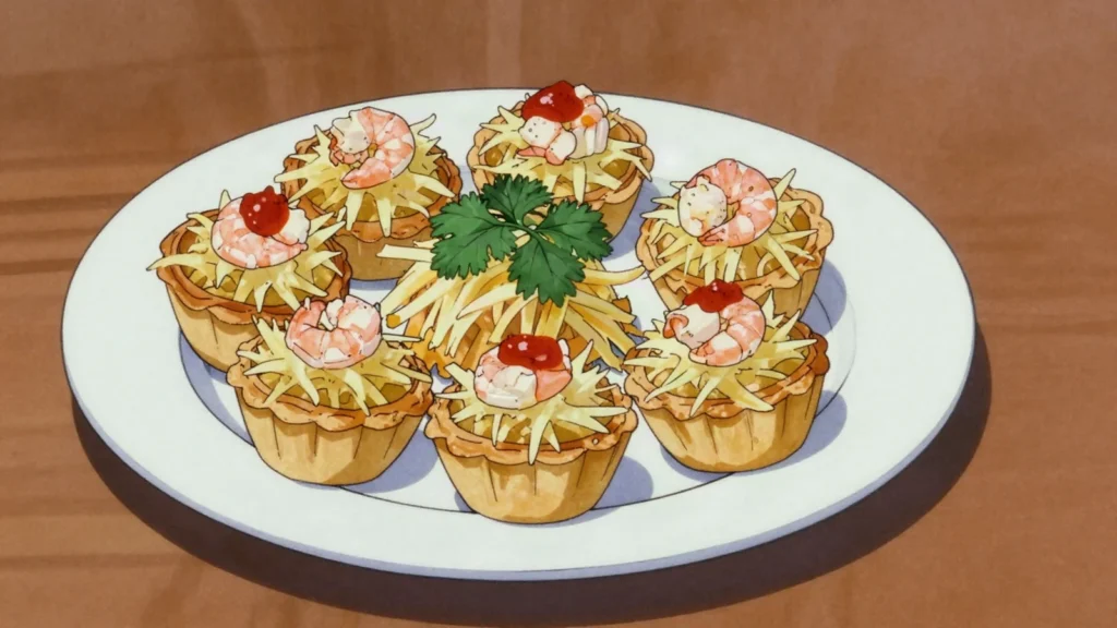 Kueh Pie Tee, crisp pastry cups filled with braised turnip, prawn and sweet chilli sauce, Singapore snack, anime style