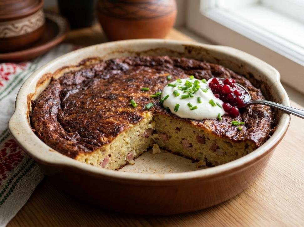 Kugelis, dense baked potato pudding with bacon, sour cream, Lithuania main