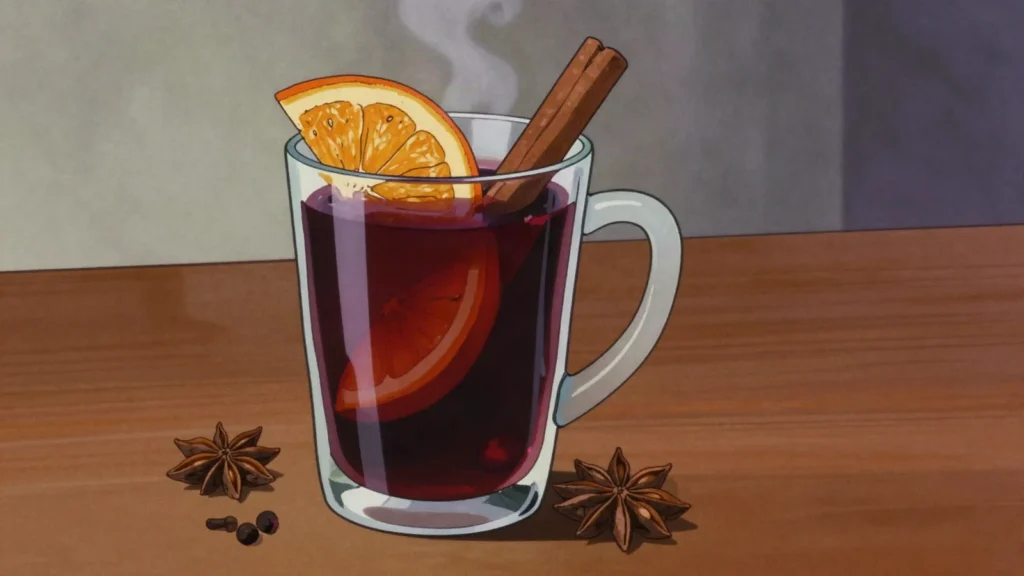 Kuhano vino, red wine mulled with cinnamon, cloves and orange, poured at winter stalls, Slovenia cocktail, anime style
