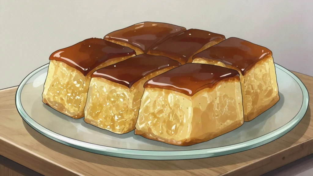 Kuih Bingka, baked tapioca or cassava cake with coconut milk and egg, dark and chewy, Brunei dessert, anime style