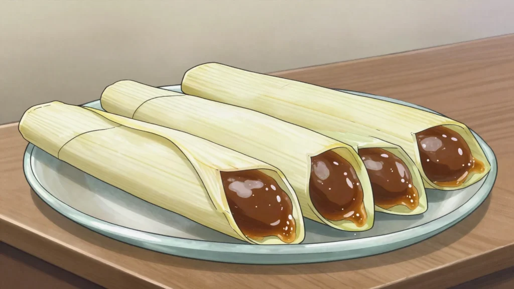 Kuih Celorot, coconut and palm sugar batter steamed inside a rolled palm-leaf cone, Brunei dessert, anime style