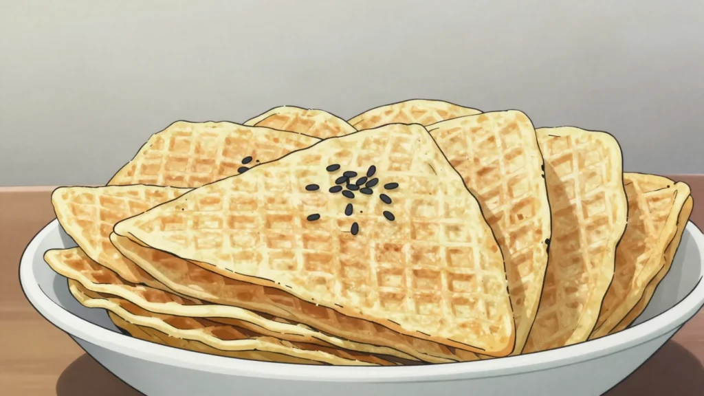 Kuih Sapit, thin coconut wafers pressed in an iron mould and folded while still hot, Brunei snack, anime style