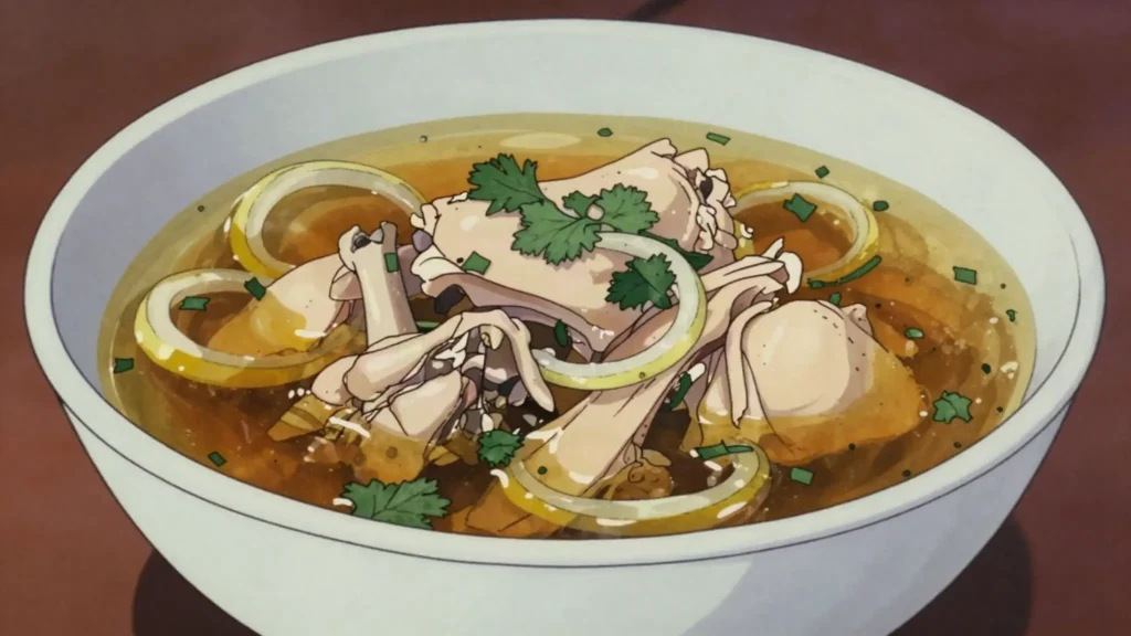 Kuku kienyeji, tough free-range village chicken stewed slowly into deep-flavoured broth, Kenya main, anime style