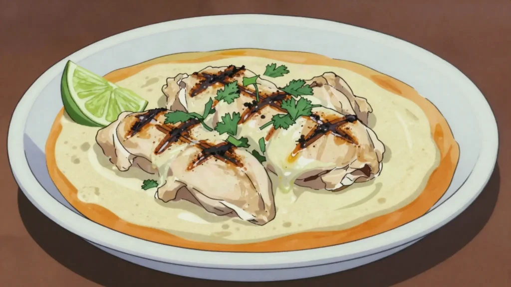 Kuku paka, coastal chicken curry in charred coconut sauce, Kenya main, anime style