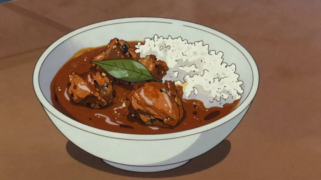 Kukul Mas Curry, chicken curry in roasted spice and coconut gravy, Sri Lanka main, anime style
