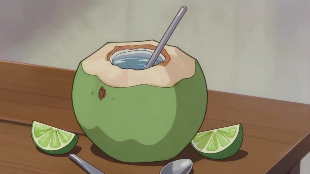 Kulau, refreshing water of a young green coconut, drunk from the shell, Papua New Guinea drink, anime style