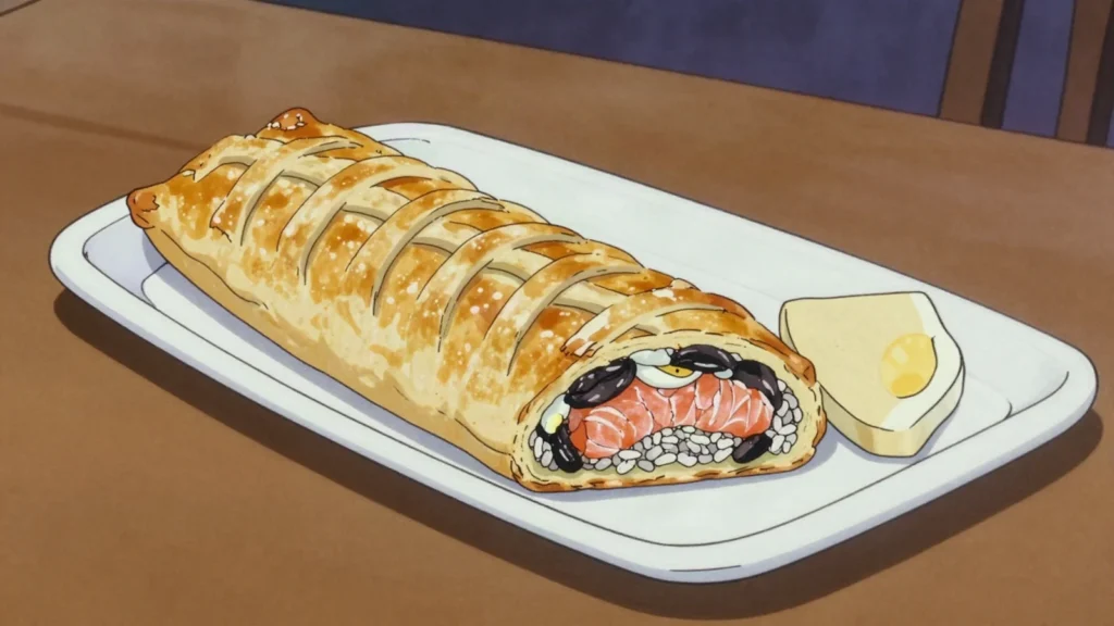 Kulebyaka, grand layered fish pie with rice, mushrooms, Russia bread & pastry, anime style