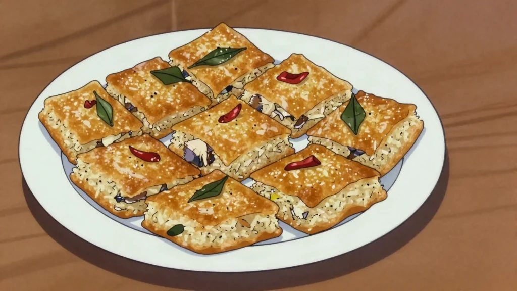 Kulhi Boakibaa, baked savory cake of rice and smoked tuna, Maldives snack, anime style