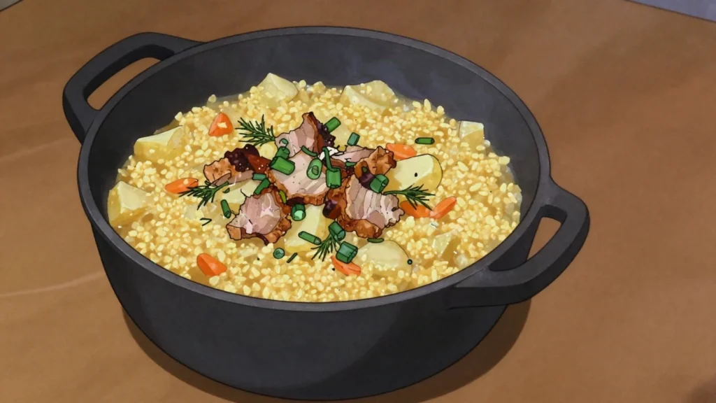 Kulish, millet and salo porridge-soup cooked over a campfire, Ukraine soup & stew, anime style