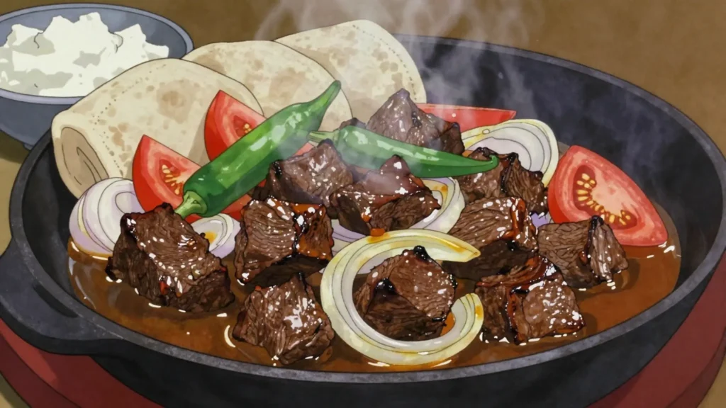 Kulwa, beef cubes seared with butter, onion, tomato and green chili, served sizzling, Eritrea main, anime style
