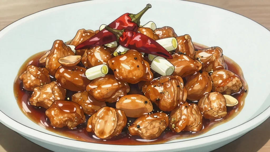 Kung Pao Chicken, stir-fried diced chicken with peanuts and dried chilies in tangy Sichuan sauce, China main, anime style