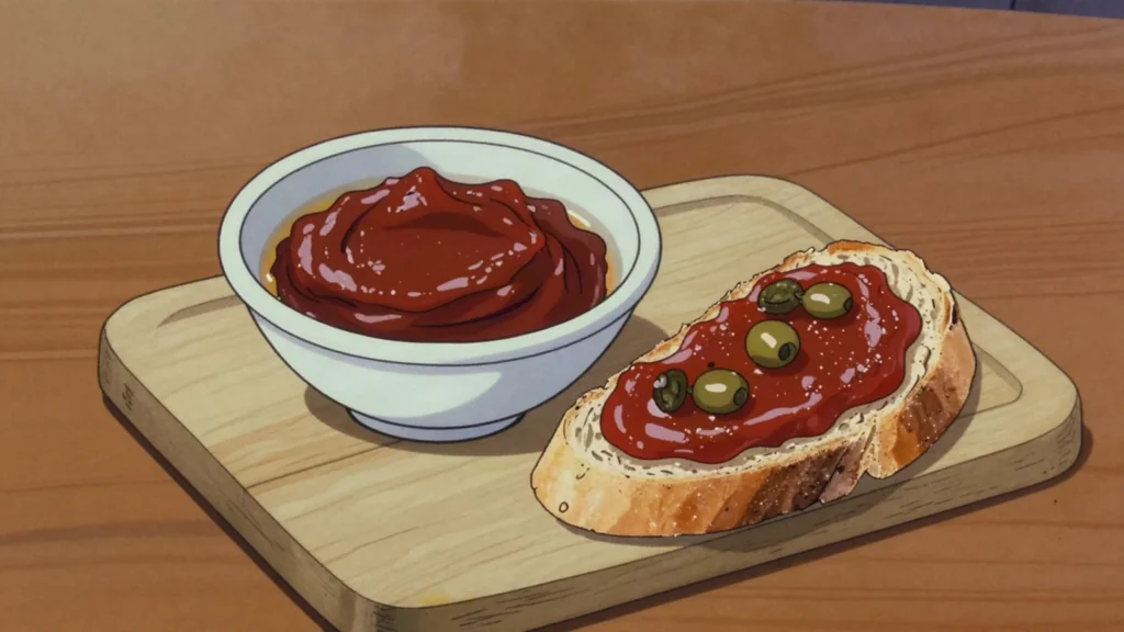 Kunserva, dark sun-dried tomato paste, sweet and salty, spread on bread with oil, Malta sauce & condiment, anime style