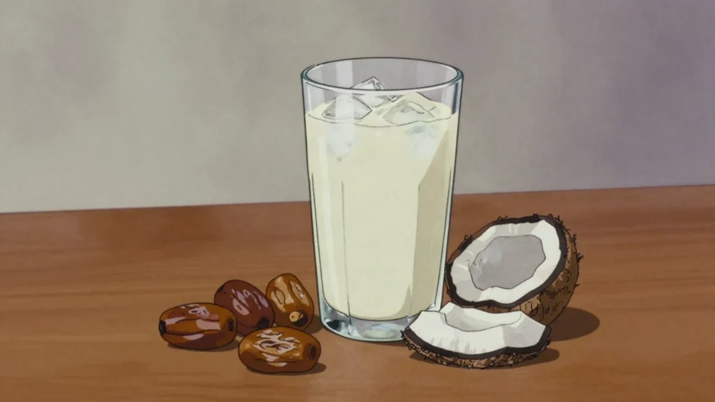 Kunu aya, milky drink of blended tigernuts with dates and coconut, served chilled, Nigeria drink, anime style