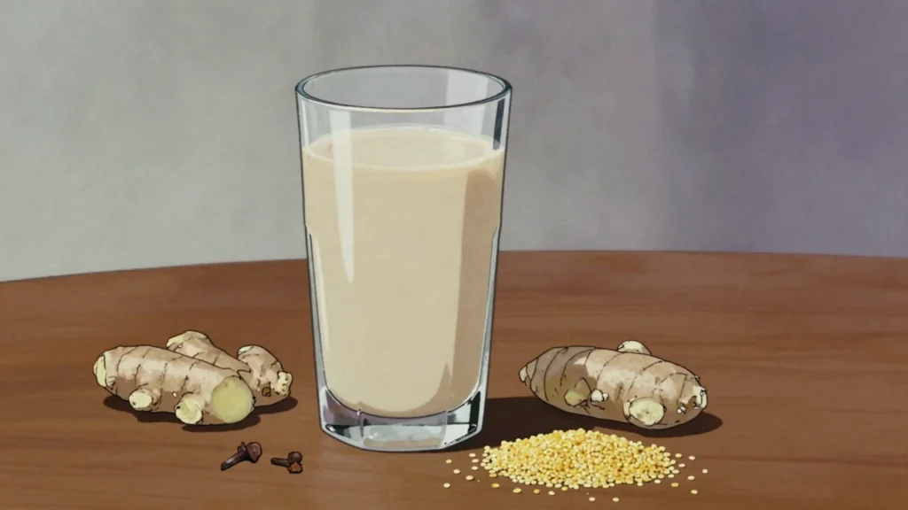 Kunu zaki, chilled spiced millet gruel, tangy and thin, drunk by the tumbler, Nigeria drink, anime style