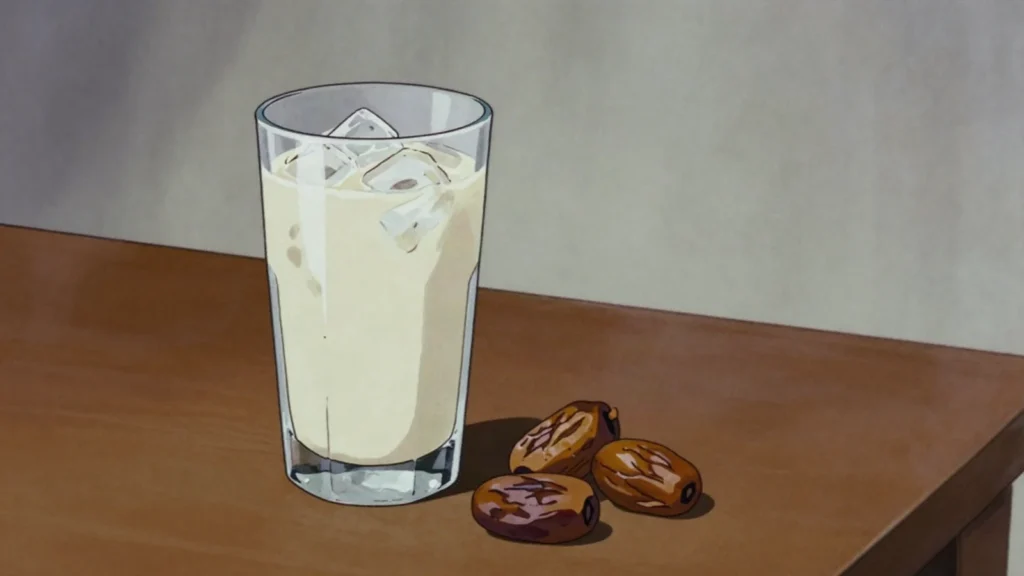 Kunun aya, sweet milky drink of ground tiger nuts with dates and ginger, Niger drink, anime style