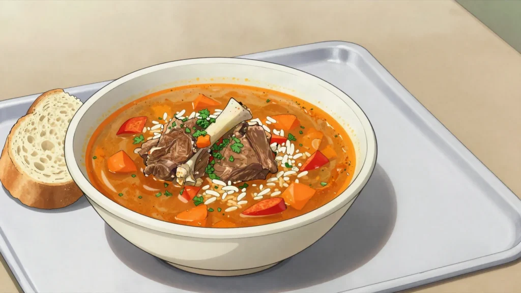 Kurban chorba, lamb or mutton soup cooked in a cauldron and shared at village feasts, Bulgaria soup & stew, anime style