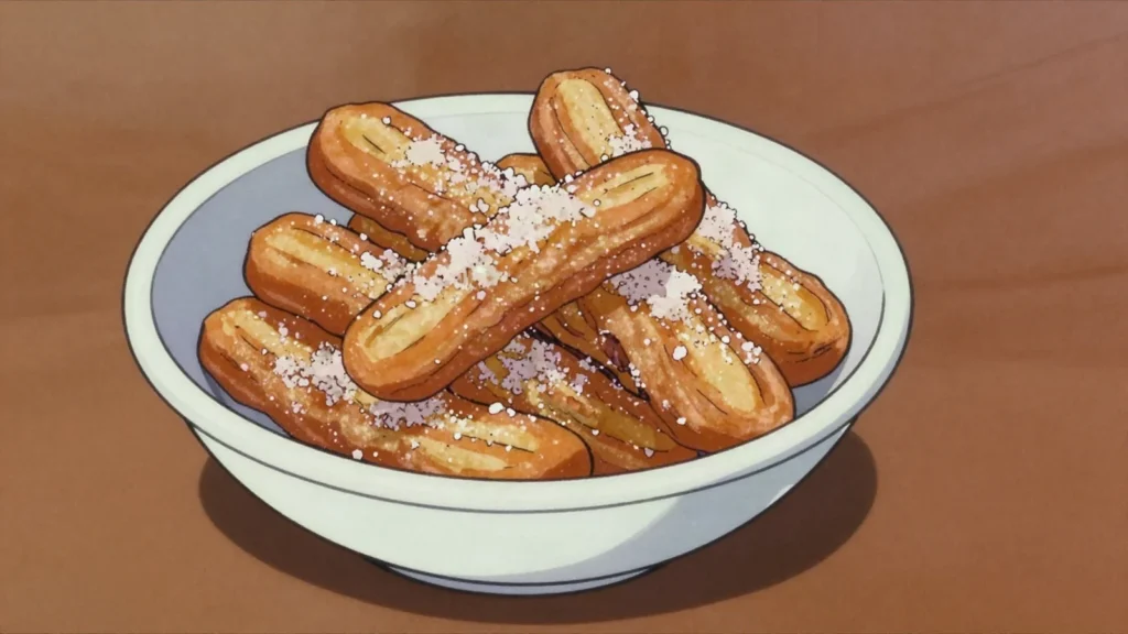 Kurma, crunchy fried dough sticks glazed with ginger sugar, Trinidad and Tobago snack, anime style