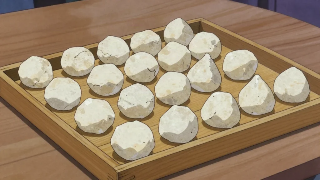 Kurt, rock-hard salty dried yogurt balls, nomad travel food, Kazakhstan cheese & dairy, anime style