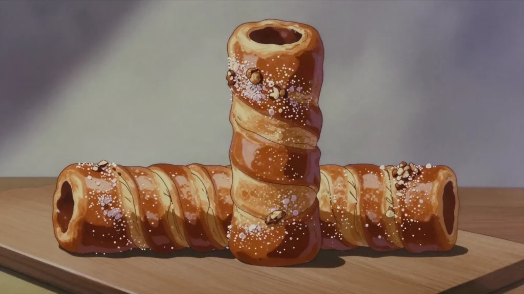 Kürtőskalács, spit-roasted chimney cake rolled in caramelized sugar, Hungary street food, anime style