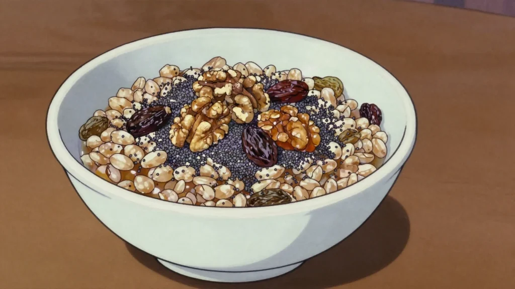 Kutia, christmas wheat porridge with poppy seeds, honey, nuts, Ukraine dessert, anime style