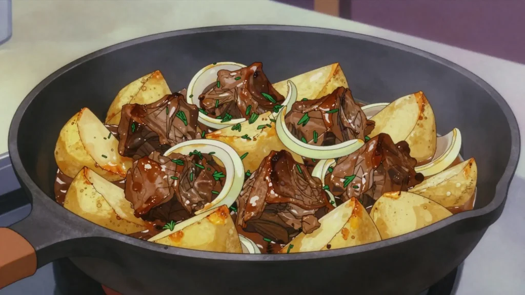 Kuurdak, fried mutton and potatoes with onions, Kyrgyzstan main, anime style