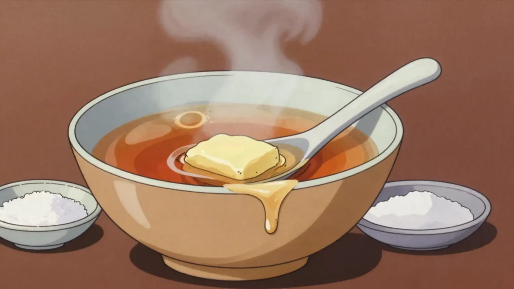 Kuurma chai, tea made with flour browned in butter, milk and salt, thick and savoury, Kyrgyzstan drink, anime style