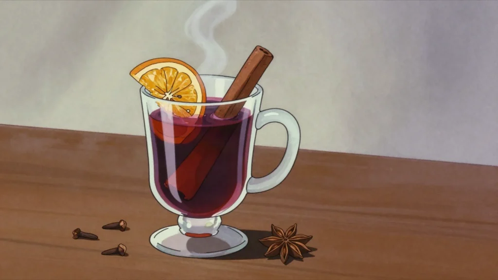 Kuvano vino, red wine simmered with sugar, cloves and citrus, served hot, Montenegro cocktail, anime style
