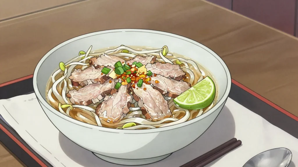 Kuy Teav, pork-bone noodle soup with beansprouts, lime and fried garlic, Cambodia breakfast, anime style