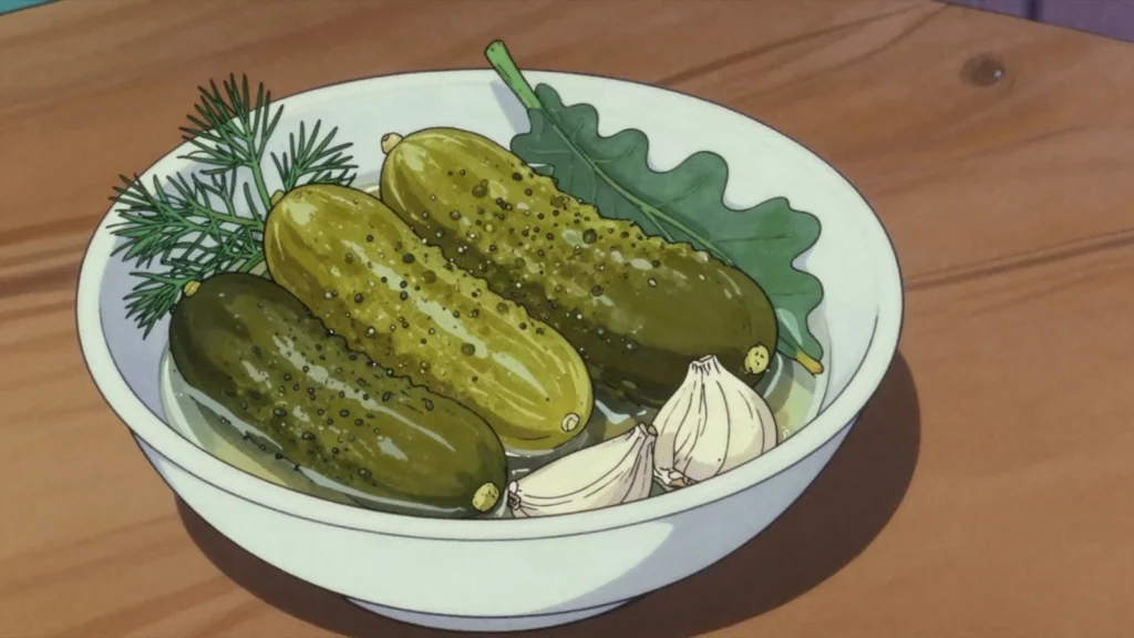 Kvashanyya agurki, cucumbers fermented in brine with dill, horseradish and oak, Belarus fermented & pickled, anime style