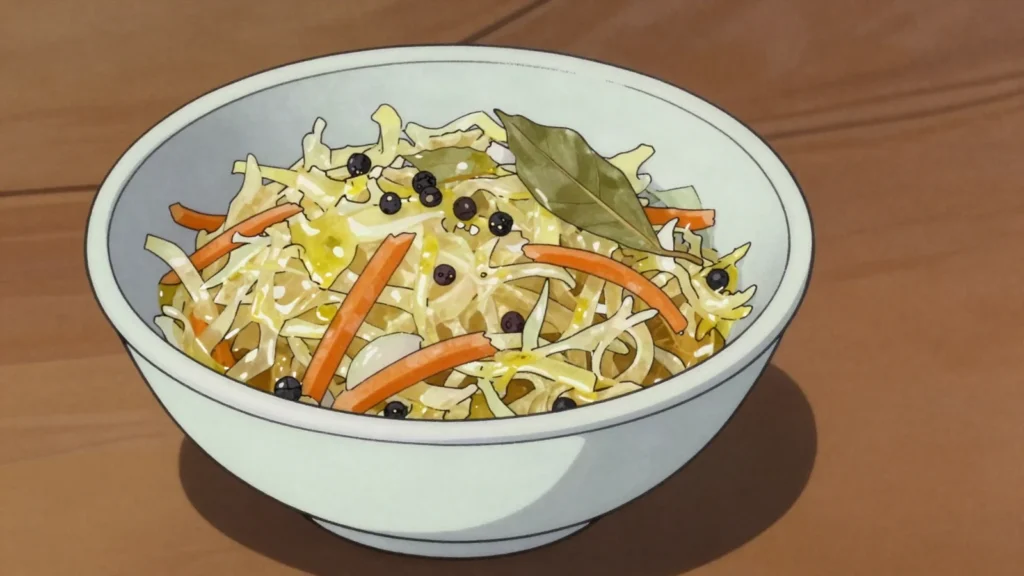 Kvashena kapusta, cabbage salted and fermented in barrels, eaten as salad or in, Ukraine fermented & pickled, anime style