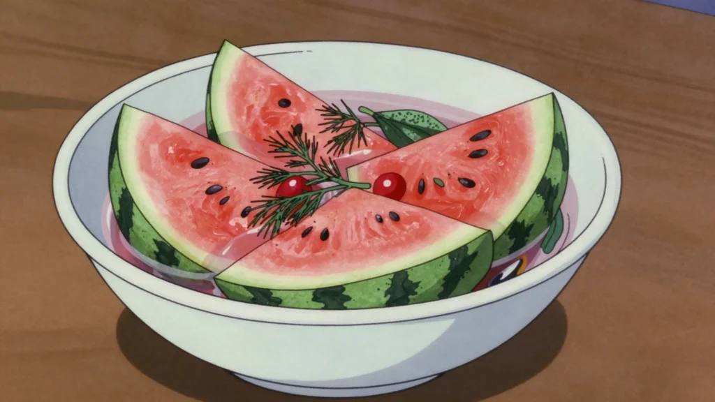 Kvasheni kavuny, small whole watermelons fermented in salt brine, sour and fizzy, Ukraine fermented & pickled, anime style