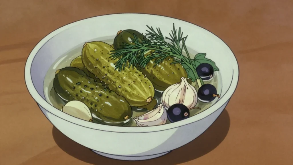 Kvasheni ohirky, brine-fermented cucumbers with dill, horseradish and blackcurrant, Ukraine fermented & pickled, anime style