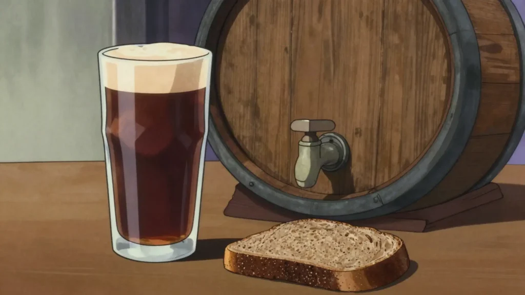 Kvass, fermented rye bread drink once sold from street tanks, Latvia drink, anime style