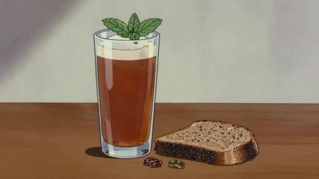 Kwas chlebowy, lightly fermented rye bread drink, cloudy and faintly sour, Poland drink, anime style