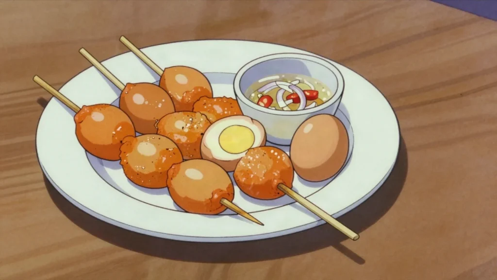 Kwek Kwek, quail eggs in orange batter, deep-fried and dipped in spiced vinegar, Philippines street food, anime style