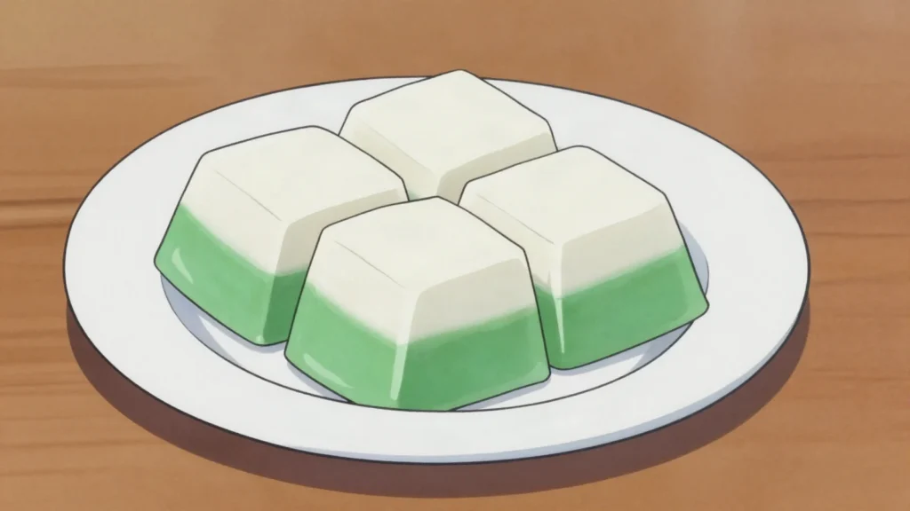 Kyauk Kyaw, firm coconut-milk jelly set with agar and cut into cool white squares, Myanmar dessert, anime style