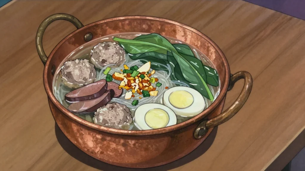Kyay Oh, clear pork and offal noodle soup, cooked to order in a copper pot, Myanmar soup & stew, anime style