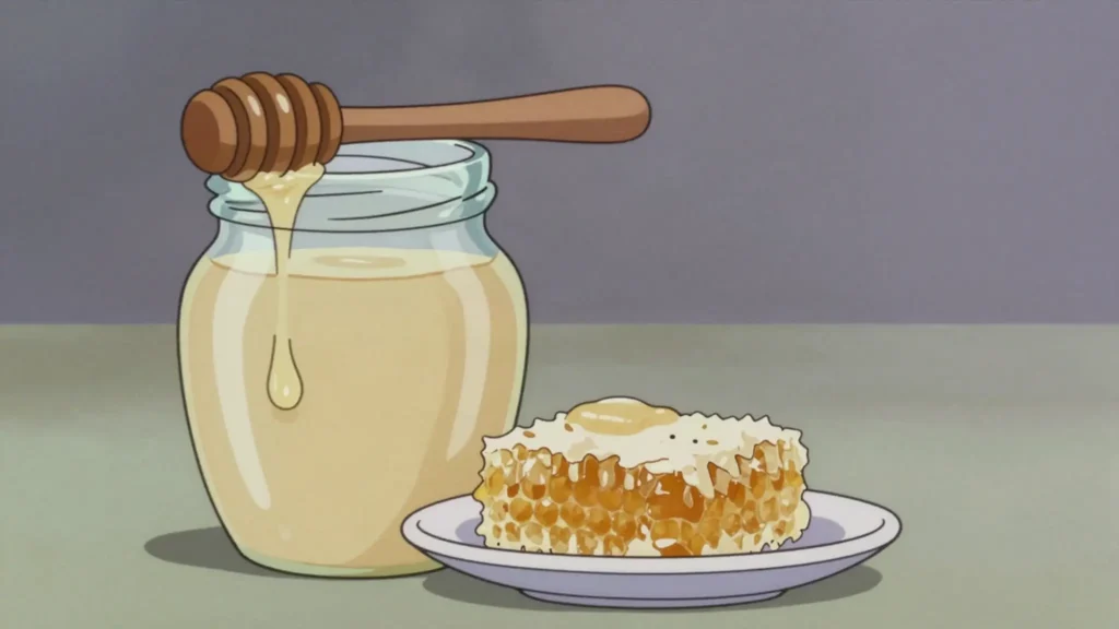 Kyrgyz honey, pale mountain honey from sainfoin and alpine wildflowers, Kyrgyzstan sauce & condiment, anime style