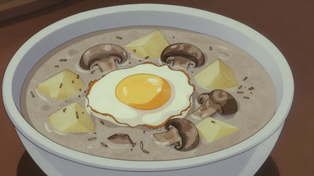 Kyselo, sour soup of rye sourdough starter with mushrooms, potato and egg, Czechia soup & stew, anime style