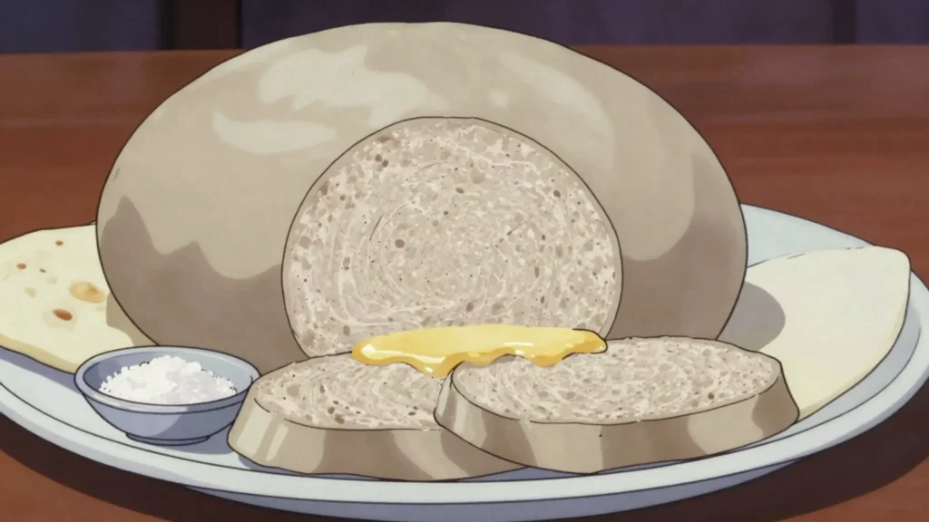 Kyufta, pounded beef whipped smooth, boiled and sliced with butter, Armenia main, anime style