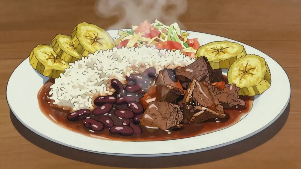 La Bandera, daily plate of rice, red beans, and stewed meat, Dominican Republic main, anime style