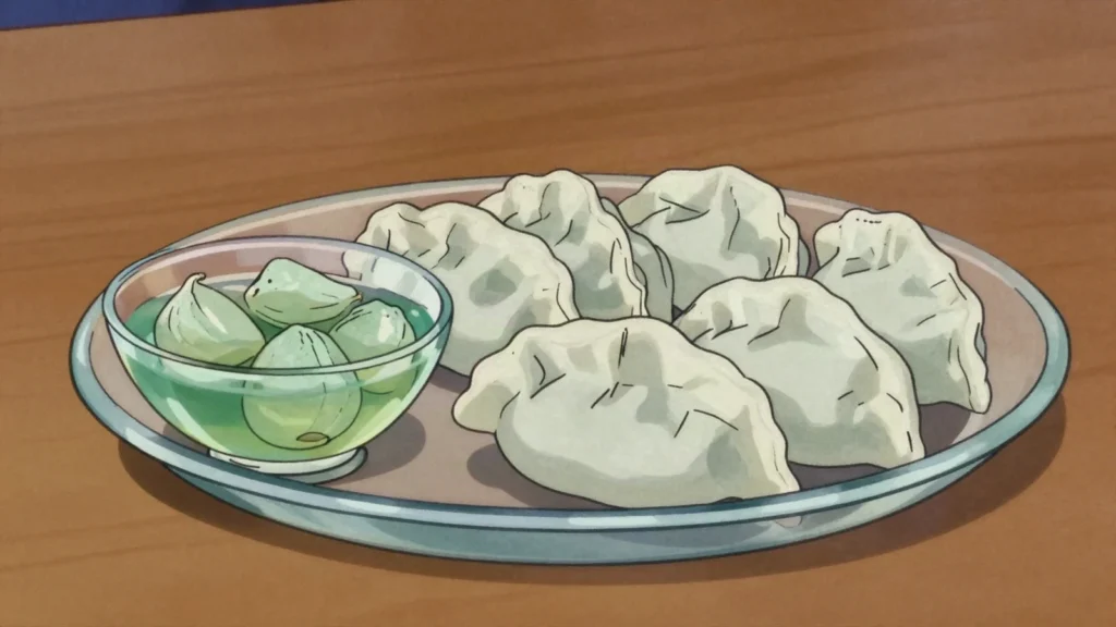 Laba Garlic, garlic cloves steeped in vinegar until jade green; eaten with dumplings, China fermented & pickled, anime style