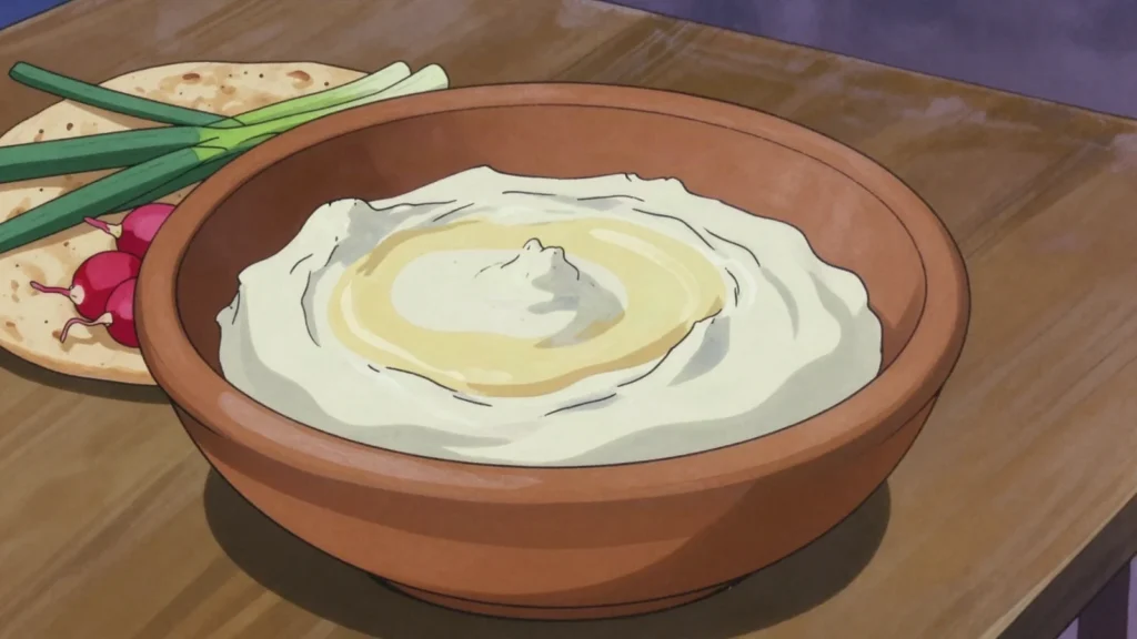 Laban rayeb, raw milk left to sour and set into a tangy curd, eaten cold, Egypt fermented & pickled, anime style