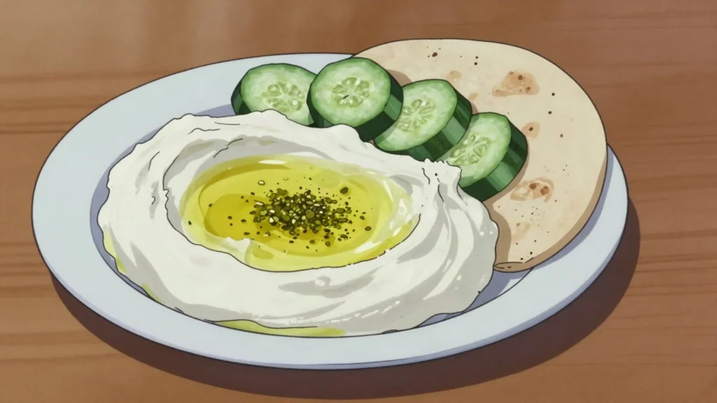 Labneh, strained yoghurt eaten with olive oil, za'atar and cucumber at breakfast, Jordan cheese & dairy, anime style