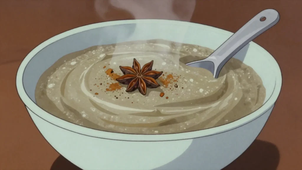 Labouyi bannann, creamy porridge of green plantain with milk, cinnamon and anise, Haiti breakfast, anime style