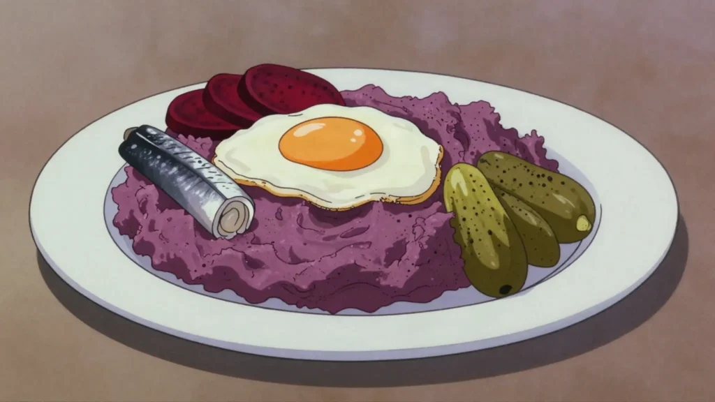 Labskaus, mash of corned beef, potato and beetroot with herring, gherkin and fried egg, Germany main, anime style
