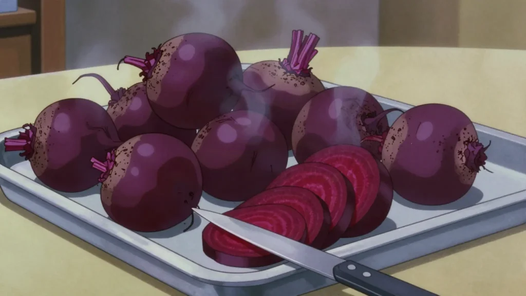 Labu, whole beetroots steamed until dark and sweet, sold hot by the slice, Iran street food, anime style