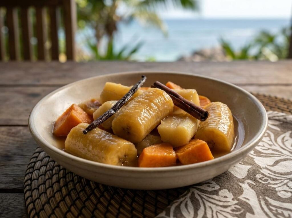 Ladob, plantain and sweet potato poached in vanilla coconut milk, Seychelles dessert