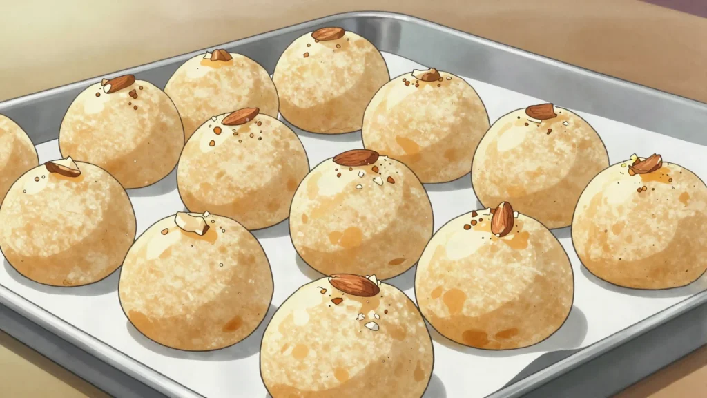 Ladu, toasted rice-flour and sugar balls with cardamom for festivals, Comoros dessert, anime style