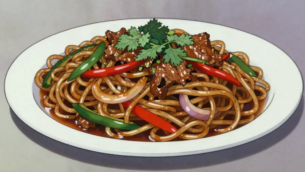 Laghman, hand-pulled noodles fried or in broth with peppers; Dungan heritage, Kyrgyzstan main, anime style